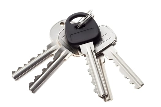 five simple silver metal mechanical keys with ring isolated on white background. Neural network generated in May 2023. Not based on any actual object, scene or pattern.