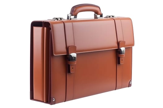 Closed generic brown leather briefcase isolated on white background, perspective three quarter view. Neural network generated in May 2023. Not based on any actual object, scene or pattern.