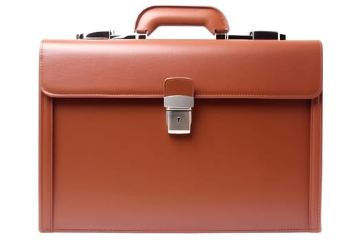 Closed generic brown leather briefcase isolated on white background, ront view. Neural network generated in May 2023. Not based on any actual object, scene or pattern.