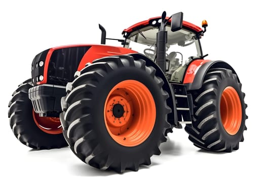 red and black colored contemporary argicultural tractor with orange wheel rims isolated on white background. Neural network generated in May 2023. Not based on any actual object, scene or pattern.