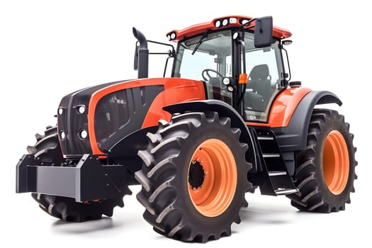 red and black colored contemporary argicultural tractor with orange wheel rims isolated on white background. Neural network generated in May 2023. Not based on any actual object, scene or pattern.