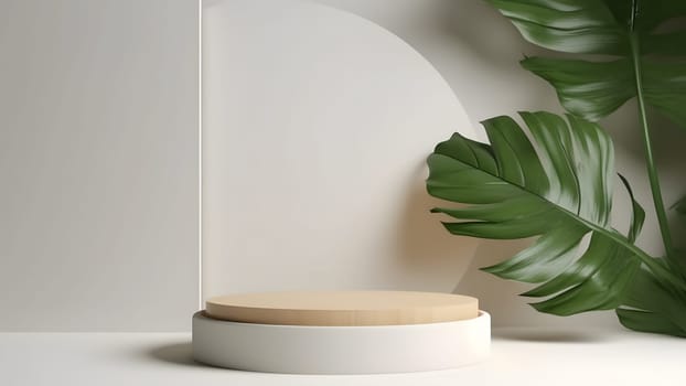 Empty space podium for product placement in white tones with green leaves on side. Neural network generated in May 2023. Not based on any actual person, scene or pattern.
