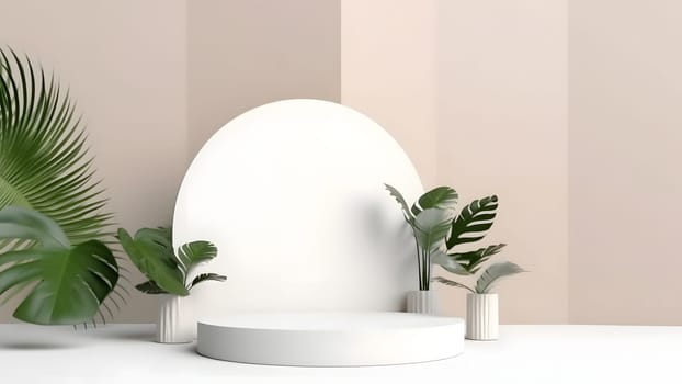 Empty space podium for product placement in white tones with green leaves on side. Neural network generated in May 2023. Not based on any actual person, scene or pattern.