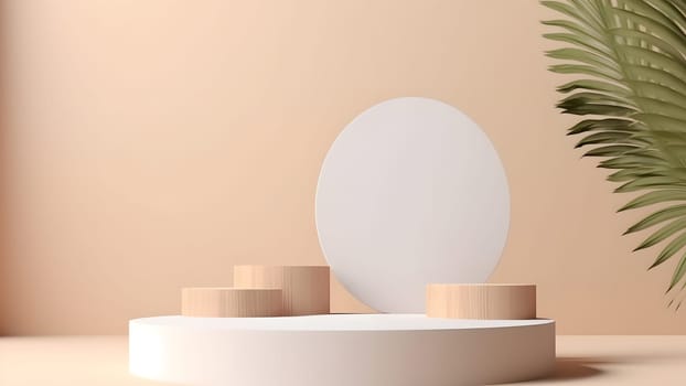Empty beige space podium for product placement in front of beige wall and floor. Neural network generated in May 2023. Not based on any actual person, scene or pattern.