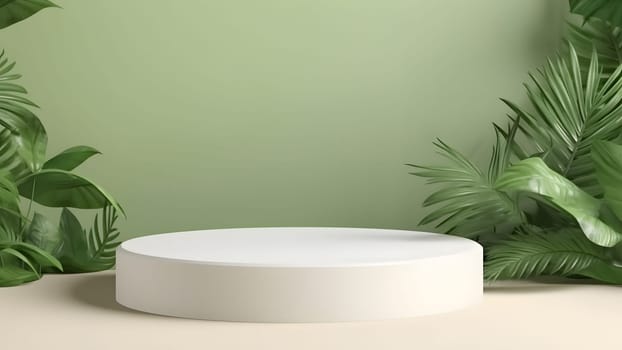 Empty space white cylindrical podium in front of matte pastel green wall for product placement. Neural network generated in May 2023. Not based on any actual person, scene or pattern.
