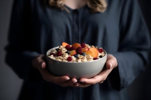 White skin woman is holding a bowl of muesli in her hands, closeup with selective focus. Neural network generated in May 2023. Not based on any actual person, scene or pattern.