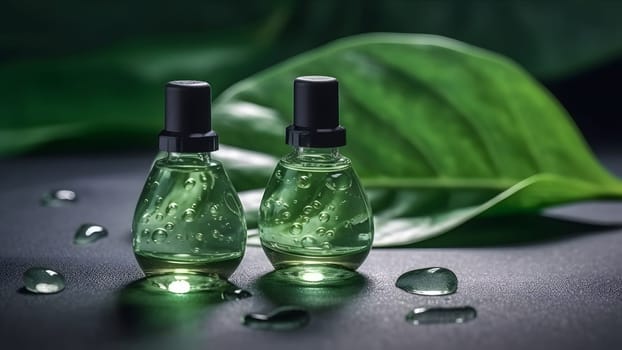 Two small green bottles with oil serum on a big green leaf with drops of water. Neural network generated in May 2023. Not based on any actual person, scene or pattern.