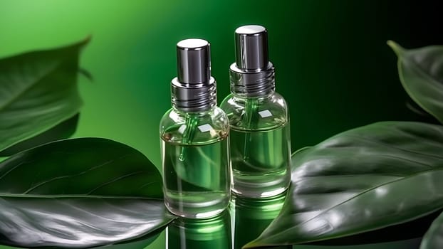 Two small green bottles with oil serum on a big green leaf with drops of water. Neural network generated in May 2023. Not based on any actual person, scene or pattern.