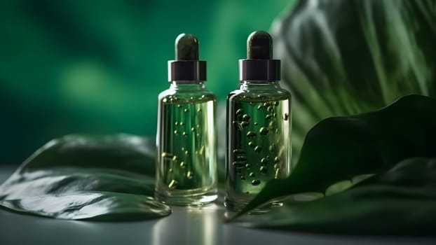 Two small green bottles with oil serum on a big green leaf with drops of water. Neural network generated in May 2023. Not based on any actual person, scene or pattern.