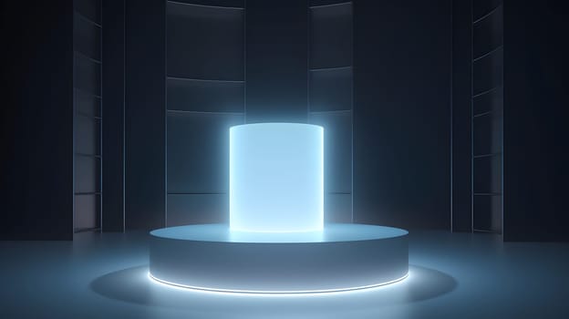 Empty space podium for product placement in dark neon style. Neural network generated in May 2023. Not based on any actual person, scene or pattern.