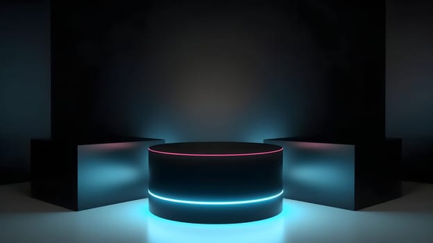 Empty space podium for product placement in dark neon style. Neural network generated in May 2023. Not based on any actual person, scene or pattern.