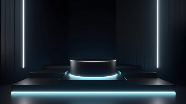 Empty space podium for product placement in dark neon style. Neural network generated in May 2023. Not based on any actual person, scene or pattern.