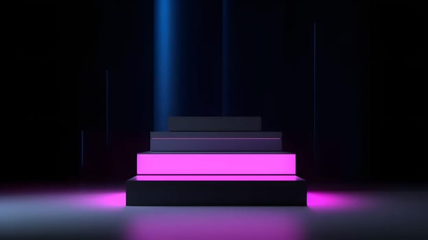 Empty space podium for product placement in dark neon style. Neural network generated in May 2023. Not based on any actual person, scene or pattern.