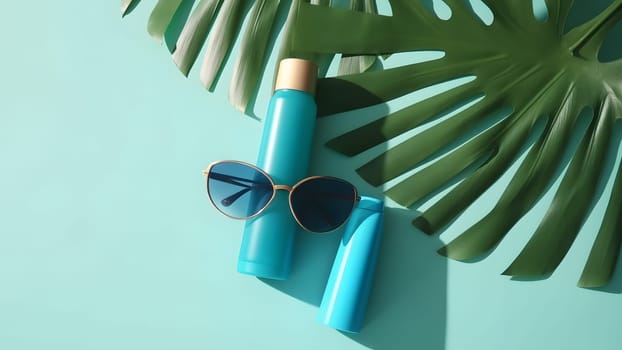 Sunblock lotion bottles and sunglasses with palm leaf on light-blue background. Neural network generated in May 2023. Not based on any actual person, scene or pattern.