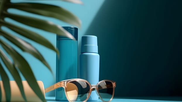 Sunblock lotion bottles and sunglasses with palm leaf on light-blue background. Neural network generated in May 2023. Not based on any actual person, scene or pattern.