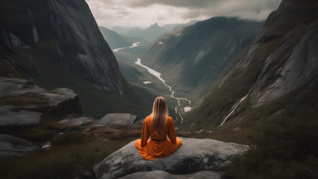 young caucasian woman meditating on cliff in front of valley between high mountains at misty summer morning. Neural network generated in May 2023. Not based on any actual person, scene or pattern.