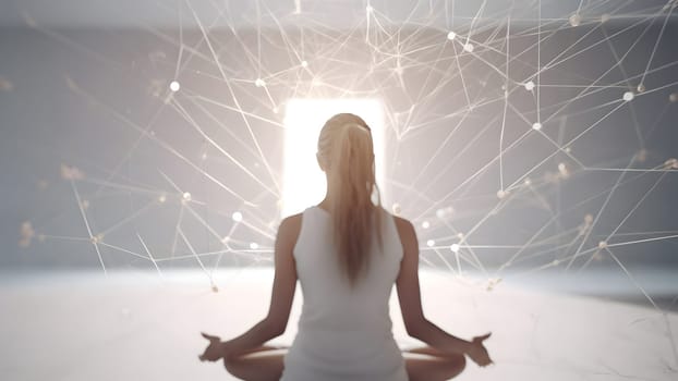 woman sitting in meditative lotus position in front of and surrounded with network of connected flying glowing spots. Neural network generated in May 2023. Not based on any actual person or scene.