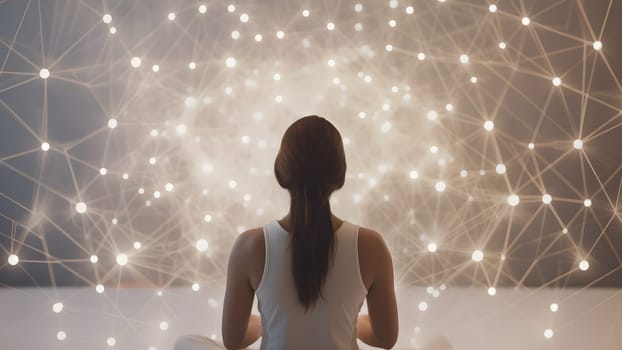 Woman sitting in meditative lotus position in front of and surrounded with network of connected flying glowing spots. Neural network generated in May 2023. Not based on any actual person, scene or pattern.