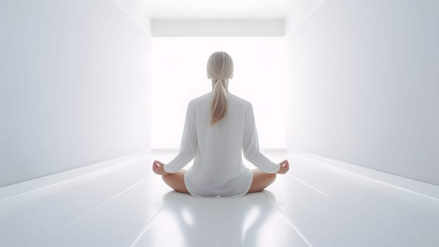 caucasian blonde woman in white clothes sitting in meditative lotus position in empty white room. Neural network generated in May 2023. Not based on any actual person, scene or pattern.