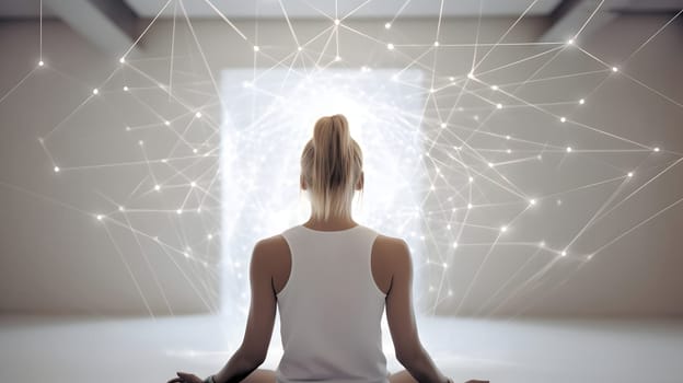 woman sitting in meditative lotus position in front of and surrounded with network of connected flying glowing spots. Neural network generated in May 2023. Not based on any actual person or scene.