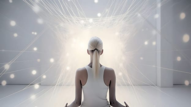 woman sitting in meditative lotus position in front of and surrounded with network of connected flying glowing spots. Neural network generated in May 2023. Not based on any actual person or scene.