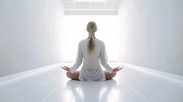 caucasian blonde woman in white clothes sitting in meditative lotus position in empty white room. Neural network generated in May 2023. Not based on any actual person, scene or pattern.