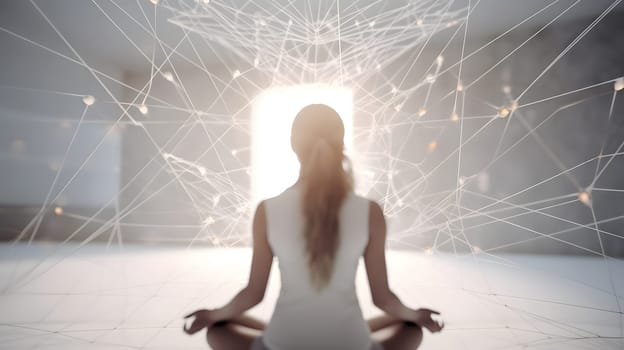 Woman sitting in meditative lotus position in front of and surrounded with network of connected flying glowing spots. Neural network generated in May 2023. Not based on any actual person, scene or pattern.