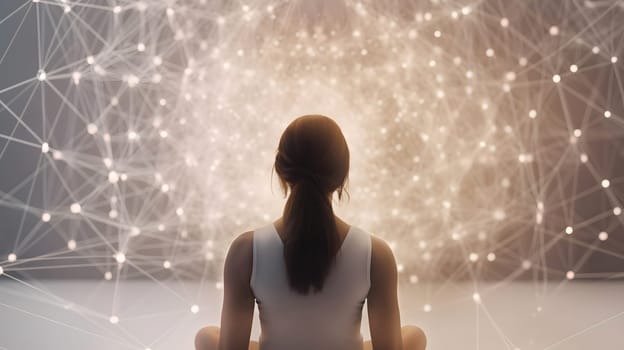 Woman sitting in meditative lotus position in front of and surrounded with network of connected flying glowing spots. Neural network generated in May 2023. Not based on any actual person, scene or pattern.