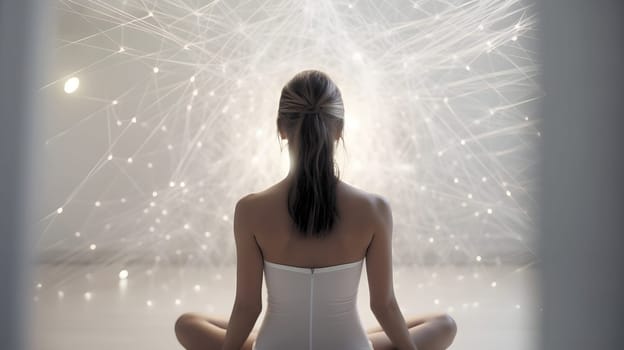 Woman sitting in meditative lotus position in front of and surrounded with network of connected flying glowing spots. Neural network generated in May 2023. Not based on any actual person, scene or pattern.