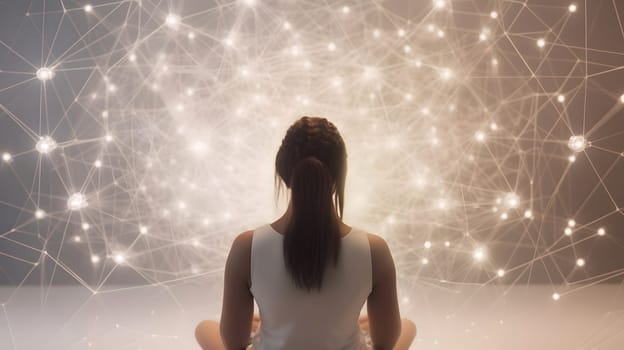 Woman sitting in meditative lotus position in front of and surrounded with network of connected flying glowing spots. Neural network generated in May 2023. Not based on any actual person, scene or pattern.