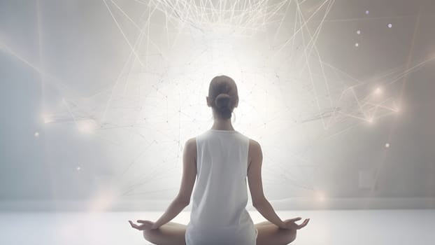 woman sitting in meditative lotus position in front of and surrounded with network of connected flying glowing spots. Neural network generated in May 2023. Not based on any actual person or scene.