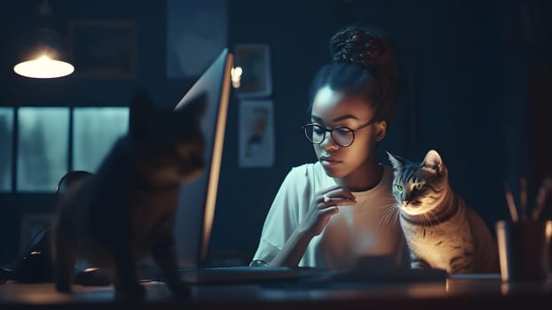 african american girl using laptop sitting at working table with her cats in domestic room or office at evening. Neural network generated in May 2023. Not based on any actual person, scene or pattern.