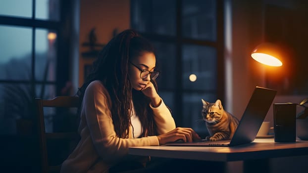 african american girl using laptop sitting at working table with her cat in domestic room or office at evening. Neural network generated in May 2023. Not based on any actual person, scene or pattern.