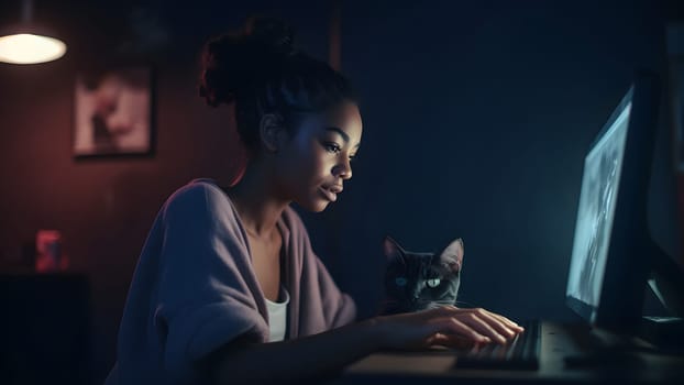 african american girl using laptop sitting at working table with her cat in domestic room or office at evening. Neural network generated in May 2023. Not based on any actual person, scene or pattern.