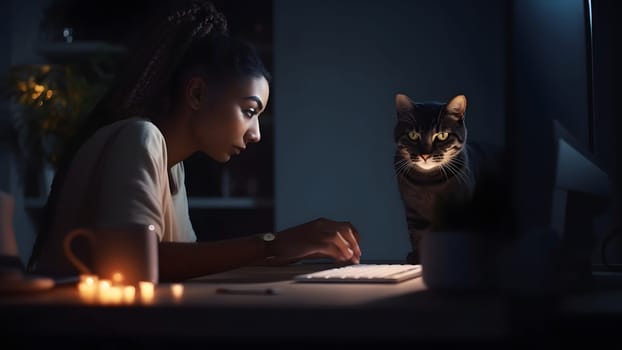 african american girl using laptop sitting at working table with her cat in domestic room or office at evening. Neural network generated in May 2023. Not based on any actual person, scene or pattern.
