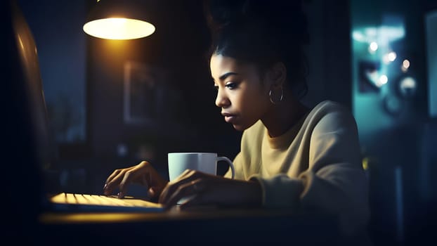 african american girl using laptop sitting at working table with white mug in domestic room or office at evening. Neural network generated in May 2023. Not based on any actual person, scene or pattern.