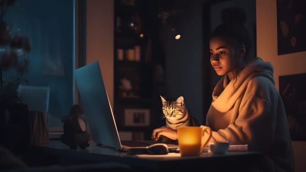 african american girl using laptop sitting at working table with her cat in domestic room or office at evening. Neural network generated in May 2023. Not based on any actual person, scene or pattern.