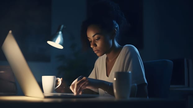 african american girl using laptop sitting at working table with mugs in domestic room or office at evening. Neural network generated in May 2023. Not based on any actual person or scene.