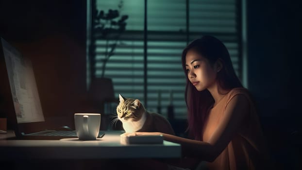 young adult asian woman using laptop sitting at working table with her cat in domestic room or office at evening. Neural network generated in May 2023. Not based on any actual person, scene or pattern.