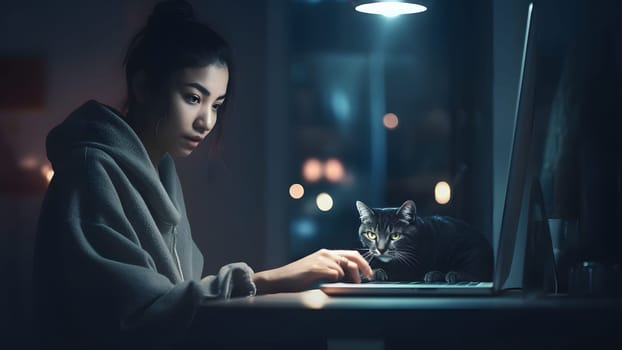 young adult asian woman using laptop sitting at working table with her cat in domestic room or office at evening. Neural network generated in May 2023. Not based on any actual person, scene or pattern.