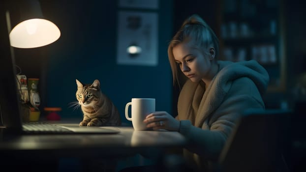 blonde caucasian girl using laptop sitting at working table with her cat in domestic room or office at evening. Neural network generated in May 2023. Not based on any actual person, scene or pattern.