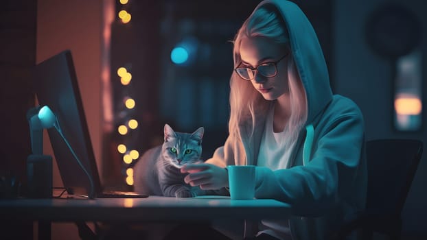 blonde caucasian girl using laptop sitting at working table with her cat in domestic room or office at evening. Neural network generated in May 2023. Not based on any actual person, scene or pattern.