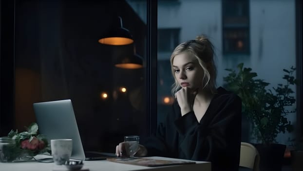 blonde caucasian girl using laptop sitting at home office at evening. Neural network generated in May 2023. Not based on any actual person, scene or pattern.