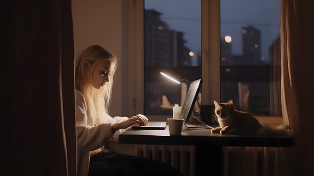 blonde caucasian girl using laptop sitting at working table with her cat in domestic room or office at evening. Neural network generated in May 2023. Not based on any actual person, scene or pattern.