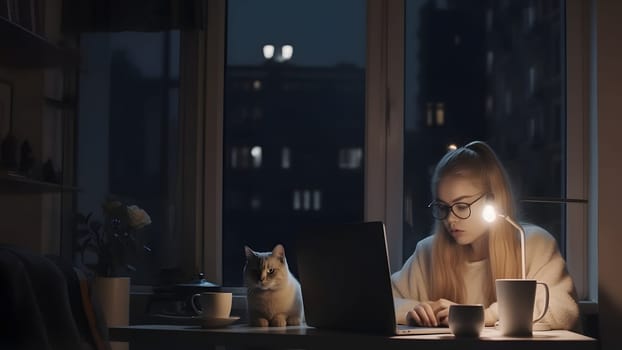 blonde caucasian girl using laptop sitting at working table with her cat in home office at evening. Neural network generated in May 2023. Not based on any actual person, scene or pattern.