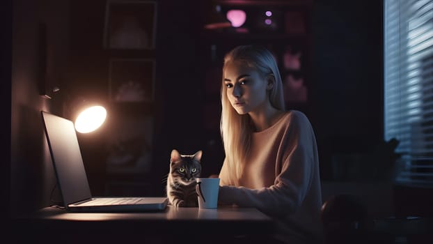 blonde caucasian girl using laptop sitting at working table with her cat in domestic room or office at night. Neural network generated in May 2023. Not based on any actual person, scene or pattern.