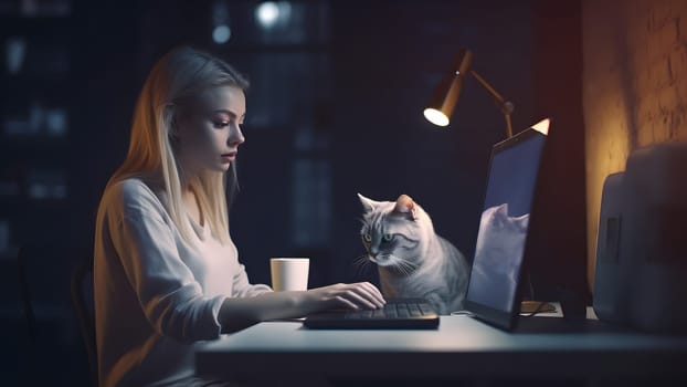 blonde caucasian girl using computer sitting at working table with her cat in domestic room or office at evening. Neural network generated in May 2023. Not based on any actual person, scene or pattern.