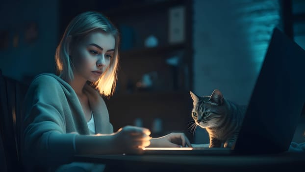 blonde caucasian girl using laptop sitting at working table with her cat in domestic room or office at evening. Neural network generated in May 2023. Not based on any actual person, scene or pattern.