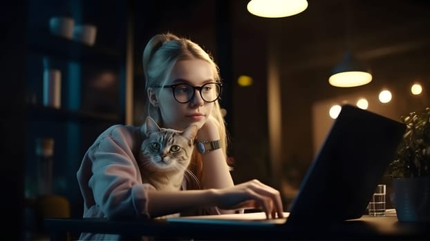 blonde caucasian girl using laptop sitting at working table with her cat in domestic room or office at evening. Neural network generated in May 2023. Not based on any actual person, scene or pattern.