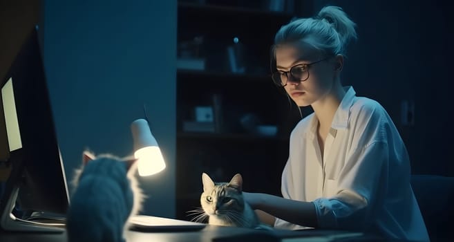blonde caucasian girl using laptop sitting at working table with her cats in home office at evening. Neural network generated in May 2023. Not based on any actual person, scene or pattern.